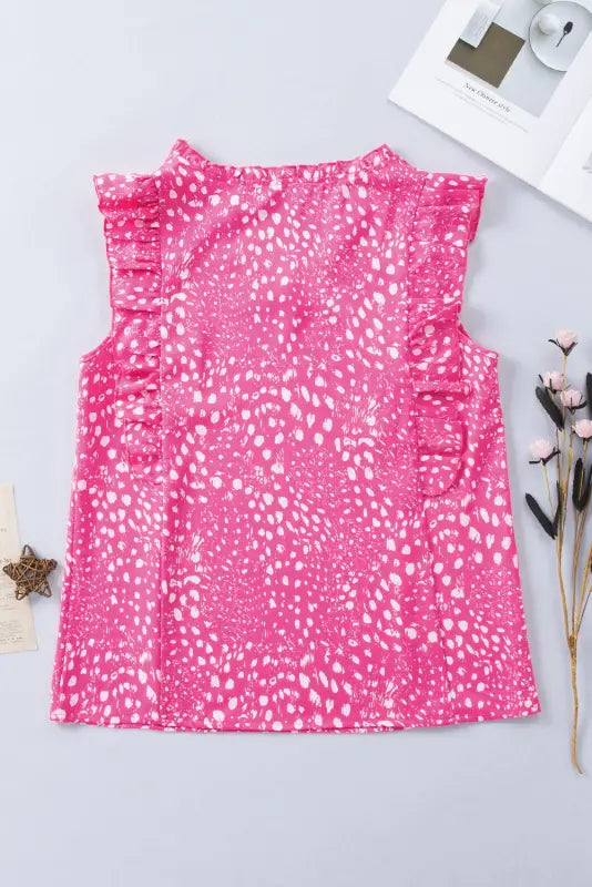 Rose leopard ruffle trim tank top - tops