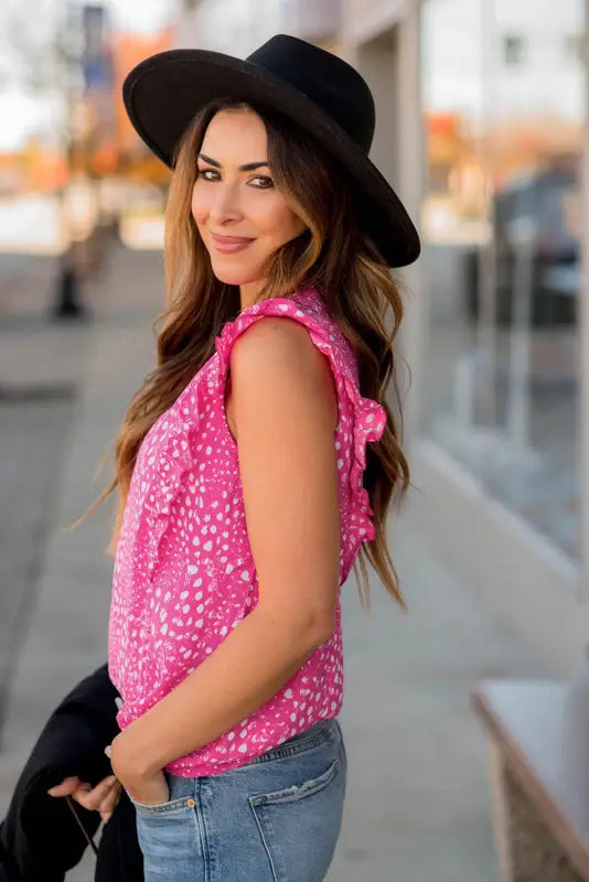 Rose leopard ruffle trim tank top - tops