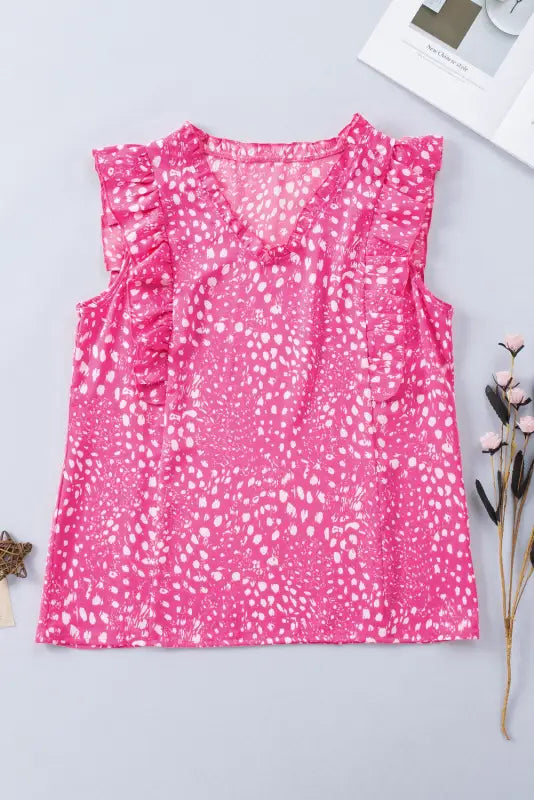 Rose leopard ruffle trim tank top - tops