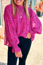 Rose Leopard Shirred Puff Sleeve Flowy Blouse - Fashionfitz