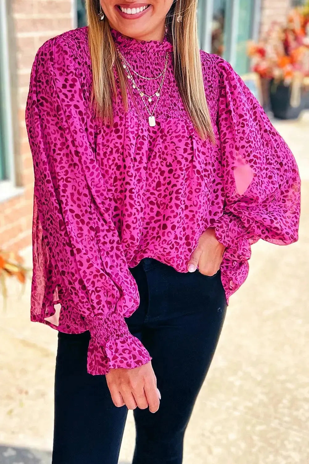 Rose Leopard Shirred Puff Sleeve Flowy Blouse - Fashionfitz
