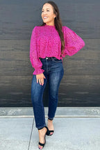 Rose Leopard Shirred Puff Sleeve Flowy Blouse - Fashionfitz