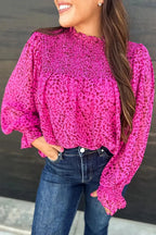 Rose Leopard Shirred Puff Sleeve Flowy Blouse - Fashionfitz