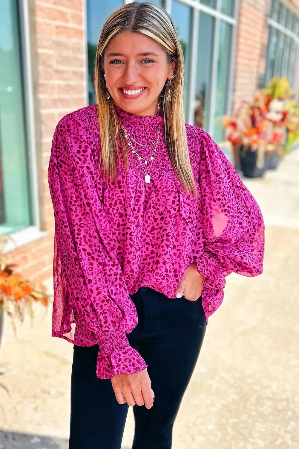Rose Leopard Shirred Puff Sleeve Flowy Blouse - Fashionfitz