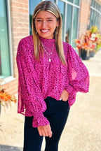 Rose Leopard Shirred Puff Sleeve Flowy Blouse - Fashionfitz