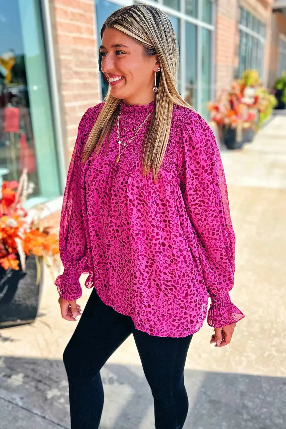 Rose Leopard Shirred Puff Sleeve Flowy Blouse - Fashionfitz