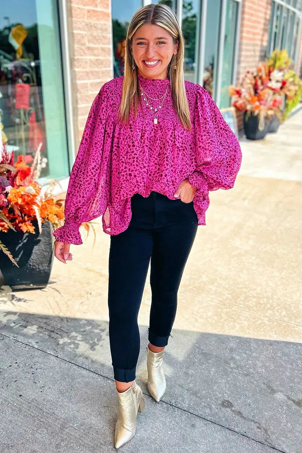 Rose Leopard Shirred Puff Sleeve Flowy Blouse - Fashionfitz
