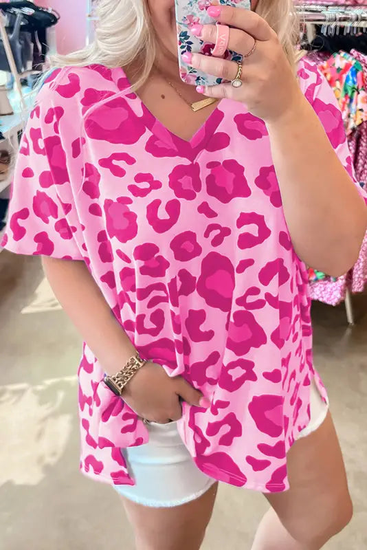 Rose leopard print v neck plus size tee: bright pink, short sleeves, relax relax style