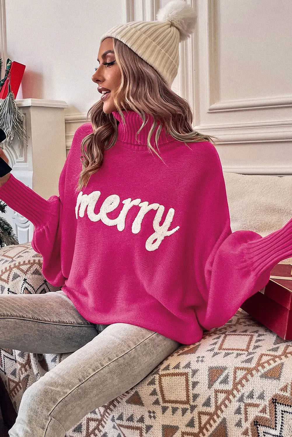 Rose merry letter embroidered high neck sweater - sweaters & cardigans