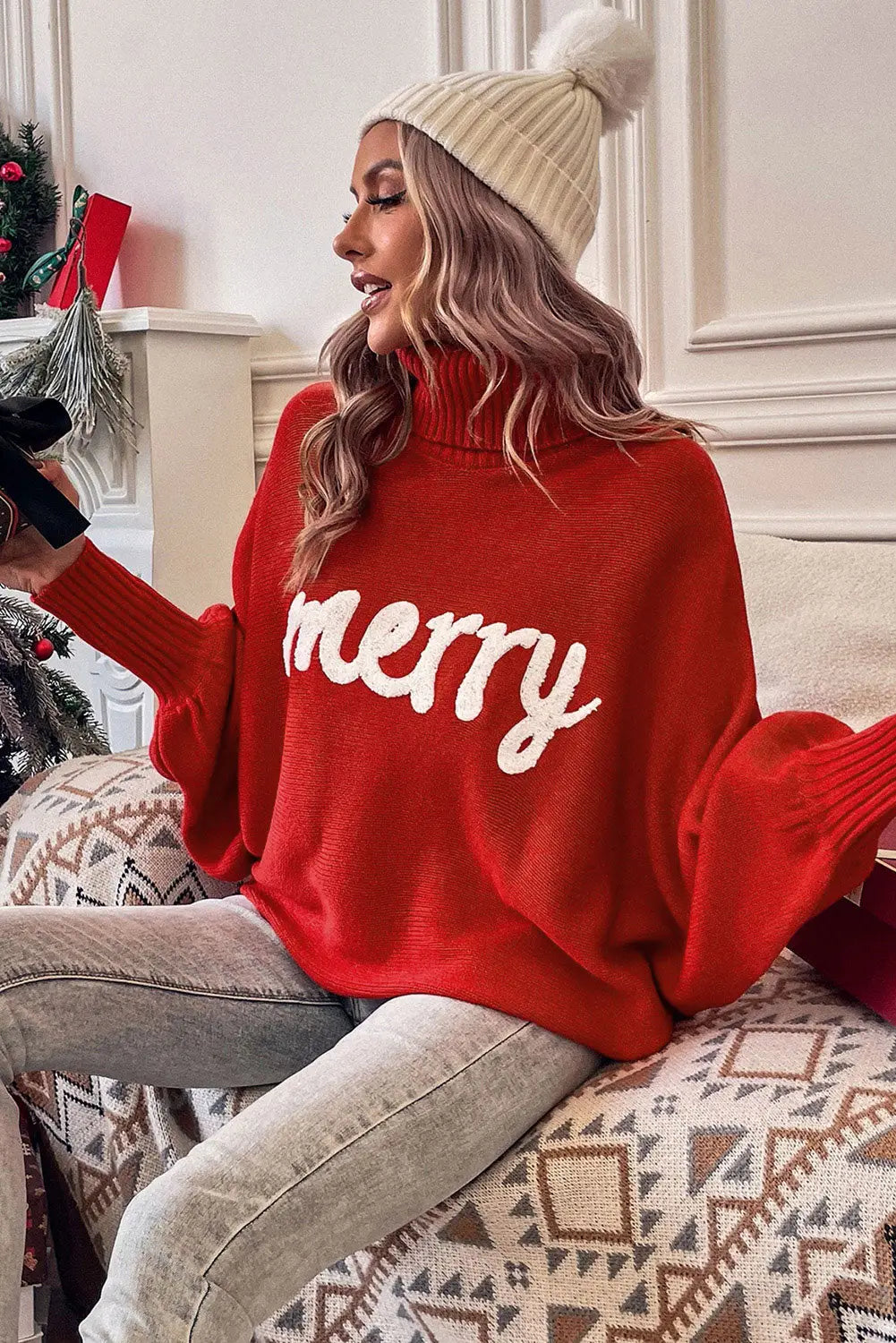 Rose merry letter embroidered high neck sweater - sweaters & cardigans
