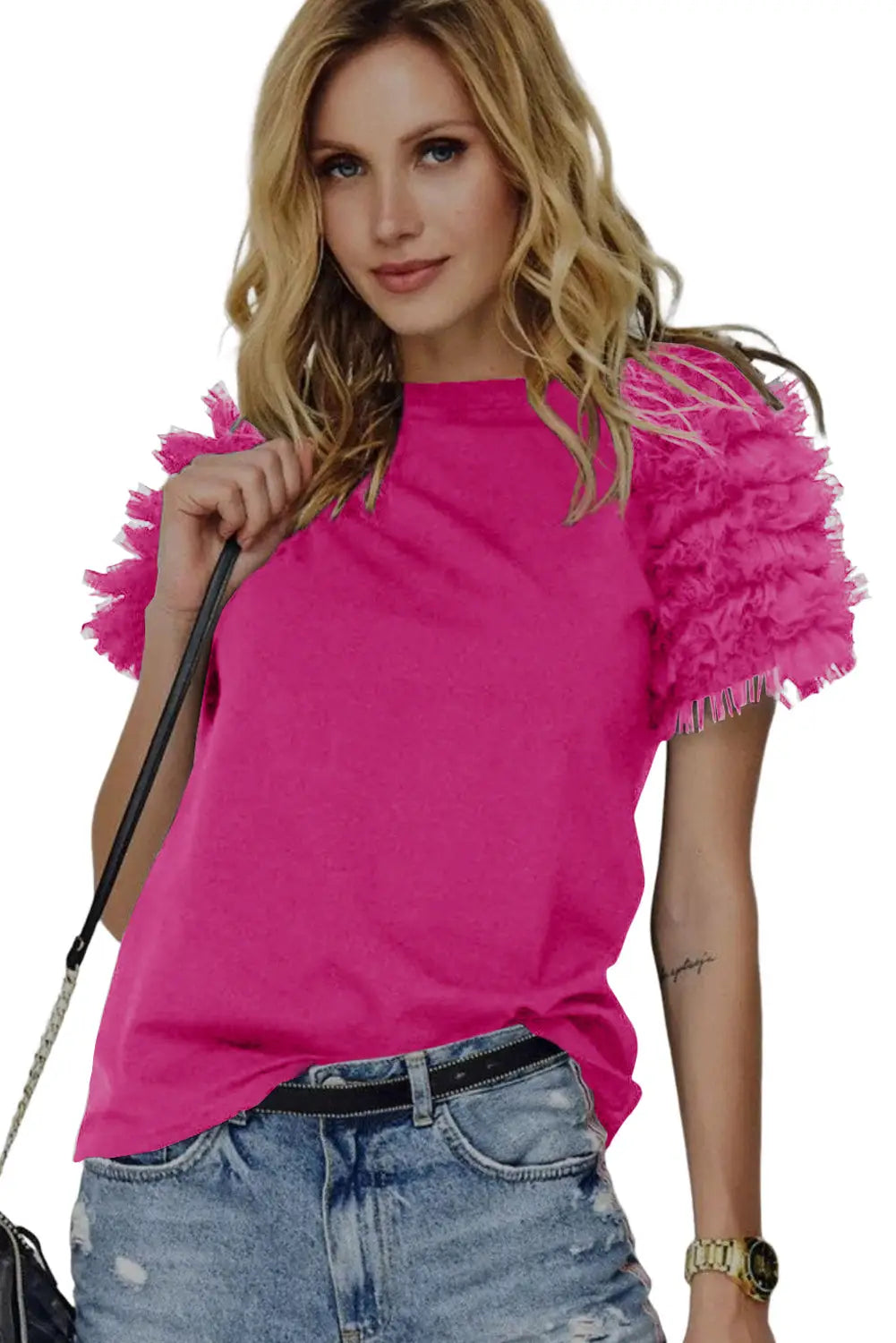 Rose mesh ruffled short sleeve t shirt - t-shirts