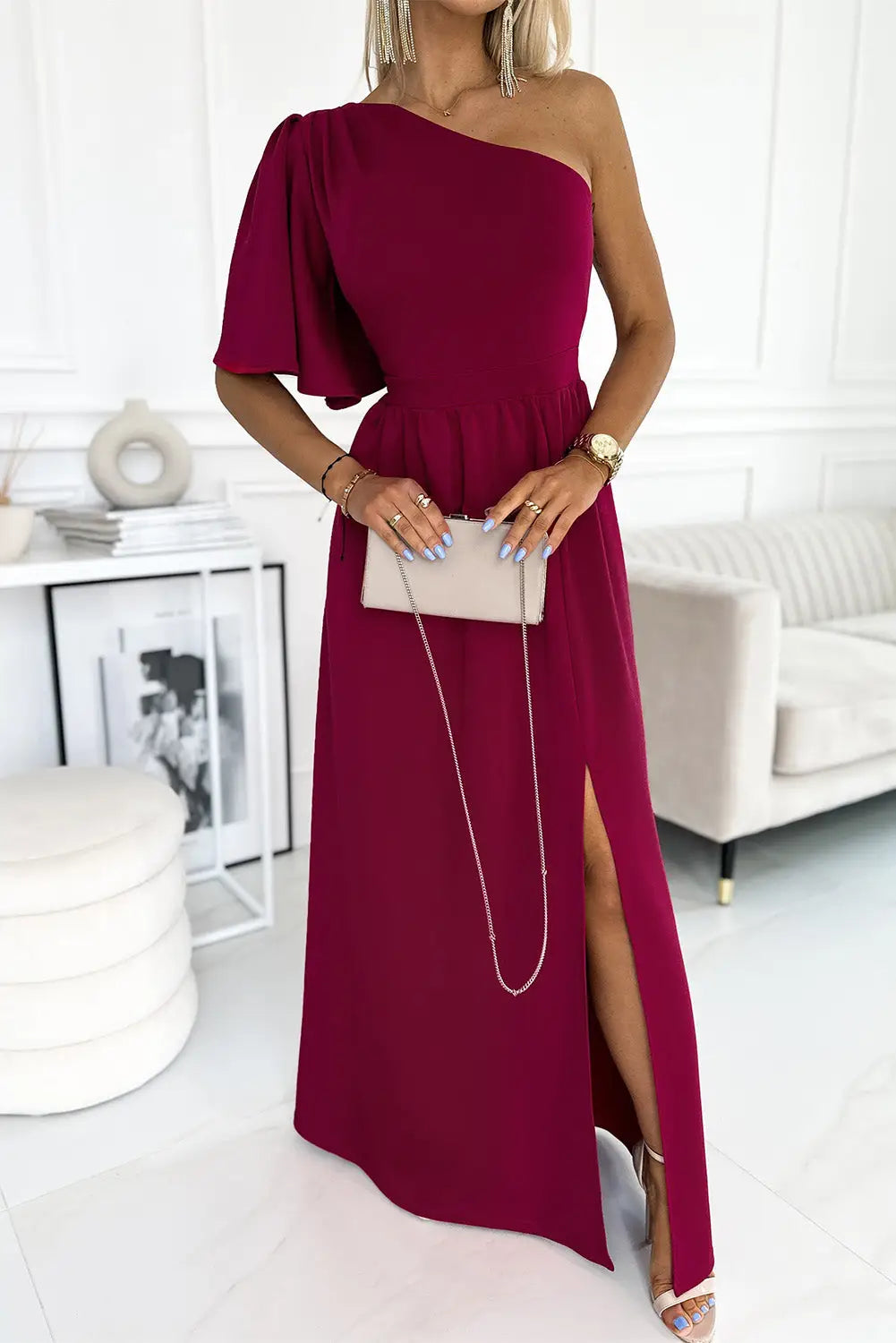 Rose one shoulder ruffle sleeve maxi dress with slit - evening dresses