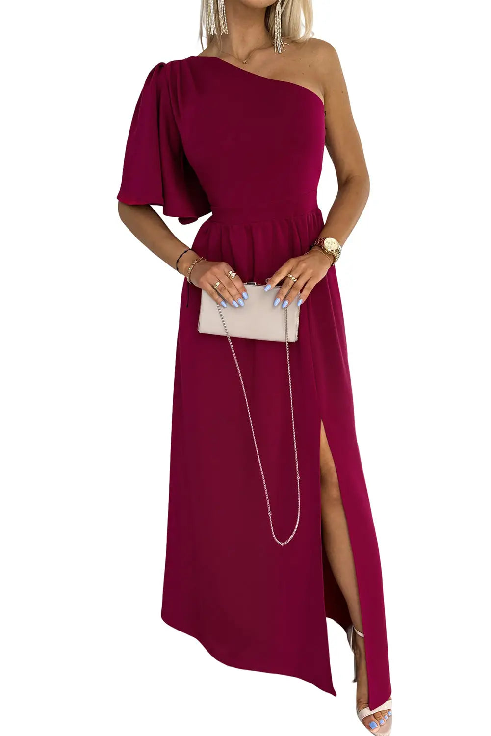 Rose one shoulder ruffle sleeve maxi dress with slit - evening dresses