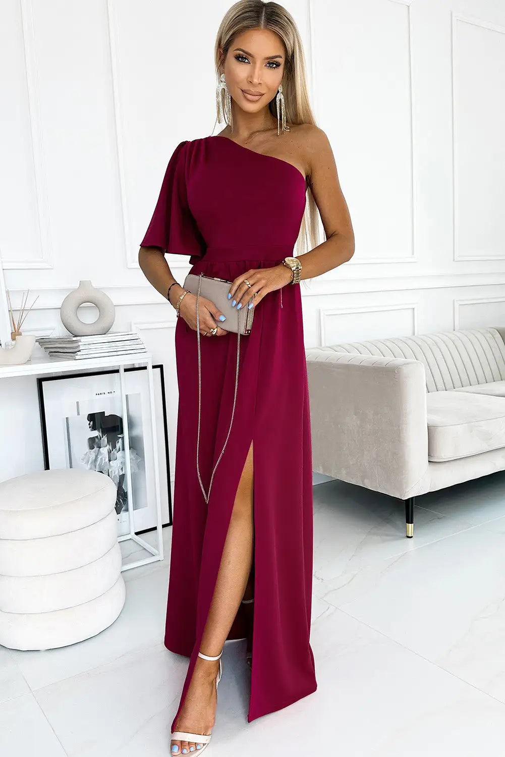 Rose one shoulder ruffle sleeve maxi dress with slit - s / 95% polyester + 5% elastane - evening dresses