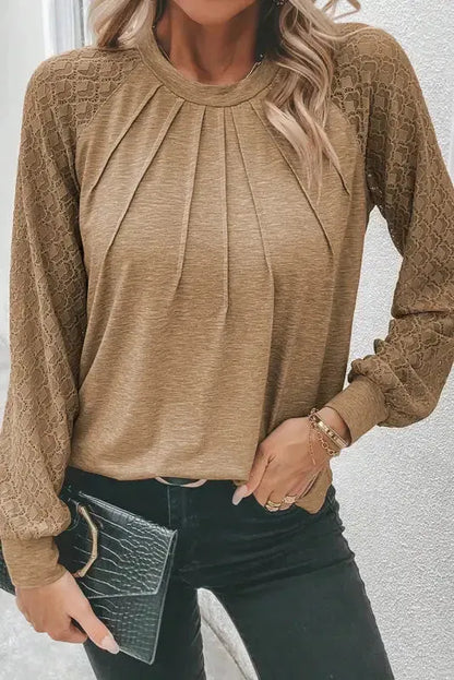 Rose Pink Contrast Lace Raglan Sleeve Plicate Round Neck Top - Fashionfitz