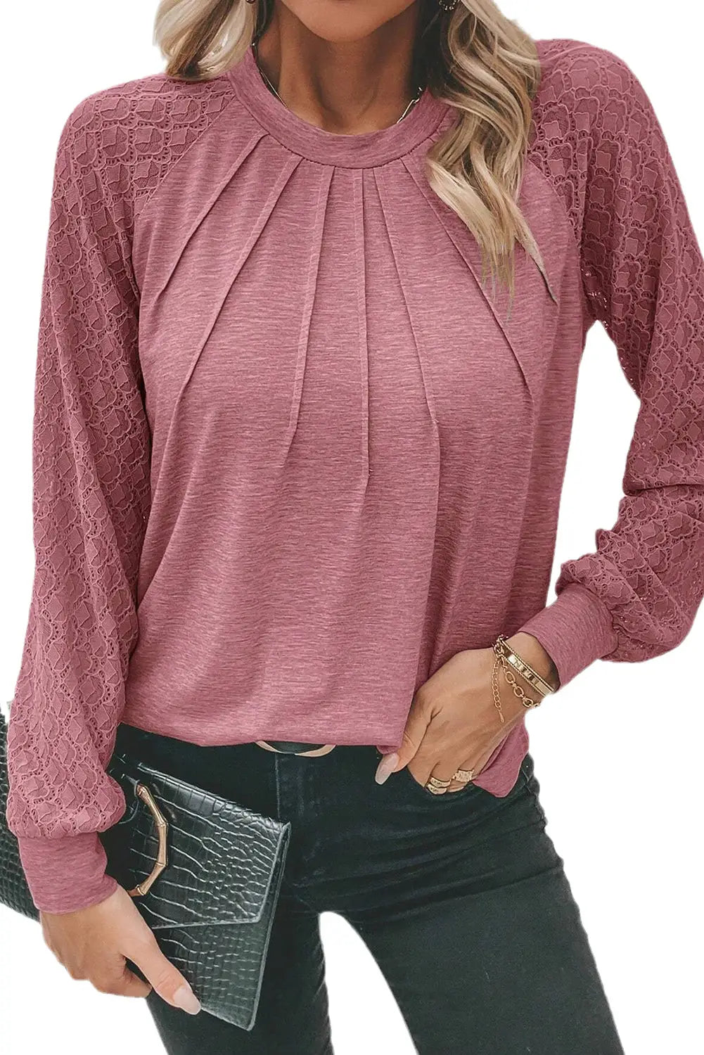 Rose pink contrast lace raglan sleeve plicate round neck top - long tops