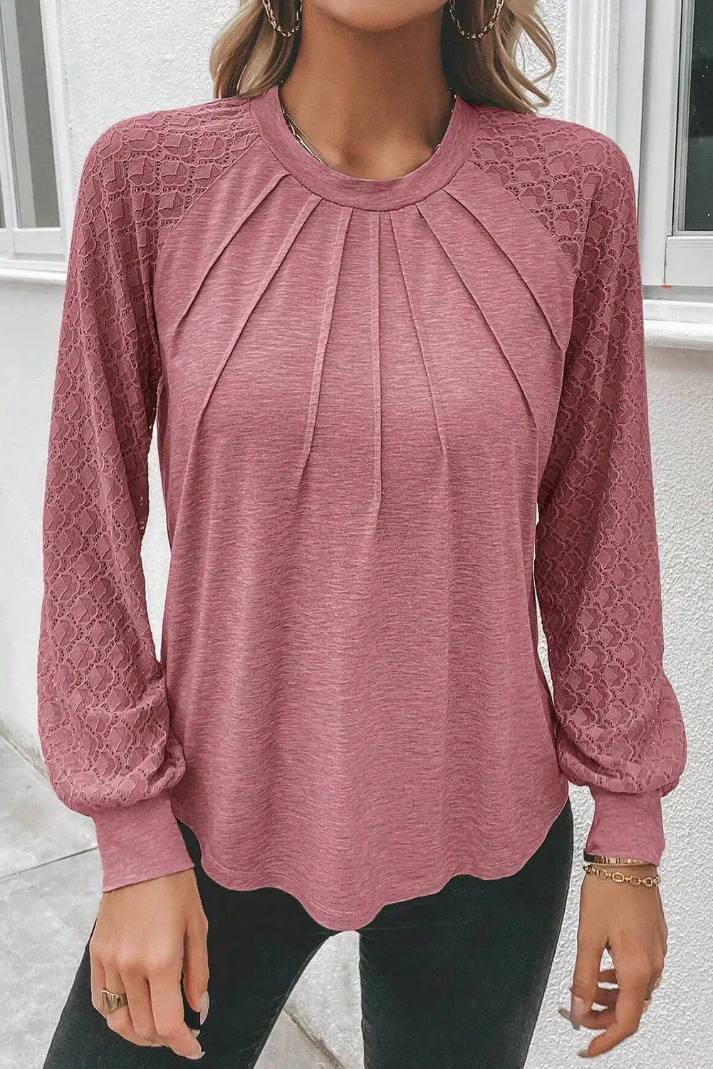 Rose pink contrast lace raglan sleeve plicate round neck top - long tops