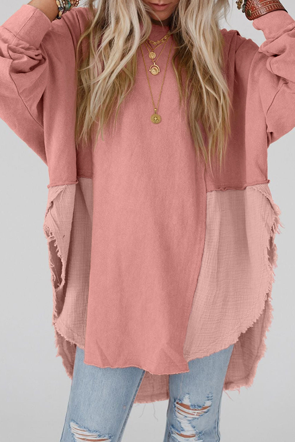 Rose pink crinkle splicing raw hem high low oversized blouse - s / 80% polyester + 20% cotton - tops
