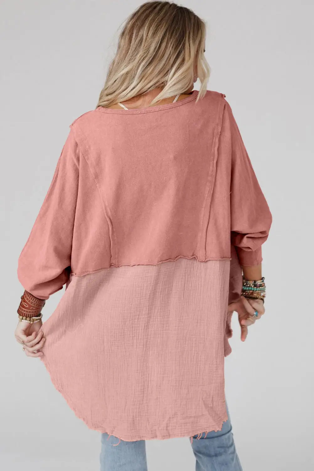 Rose pink crinkle splicing raw hem high low oversized blouse - tops