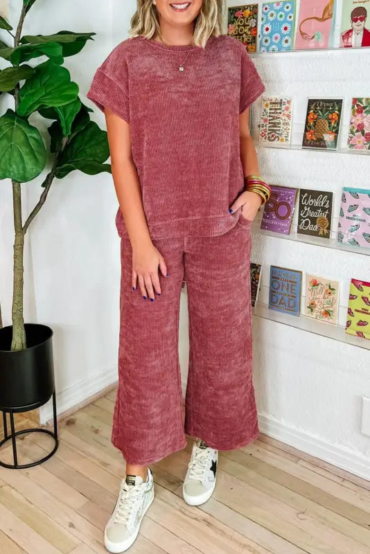 Rose pink mineral wash corduroy short sleeve and crop pants set - l / 100% polyester - sets