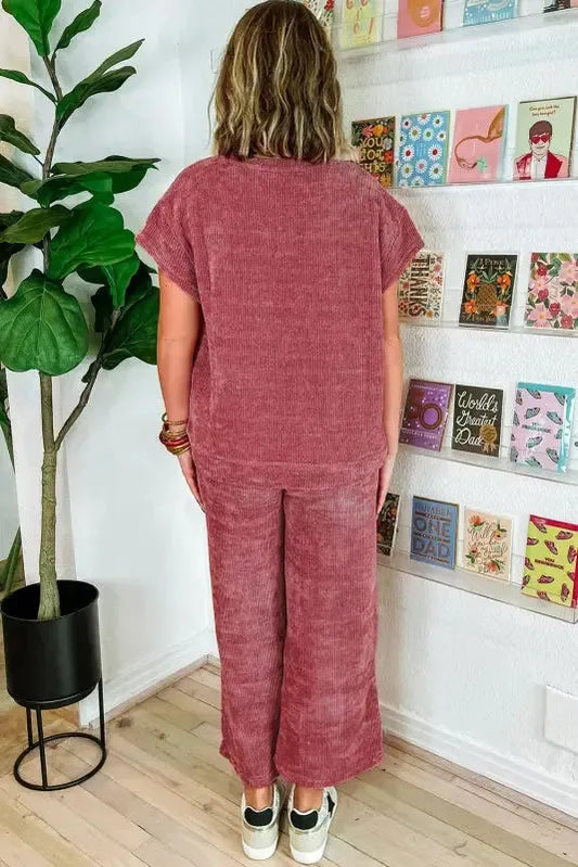Rose Pink Mineral Wash Corduroy Short Sleeve and Crop Pants Set - Fashionfitz
