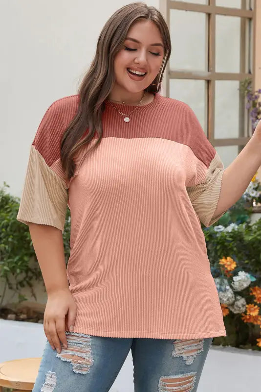 Rose pink plus size ribbed t-shirt - 1x / 75% polyester + 20% viscose + 5% elastane - tops & tees