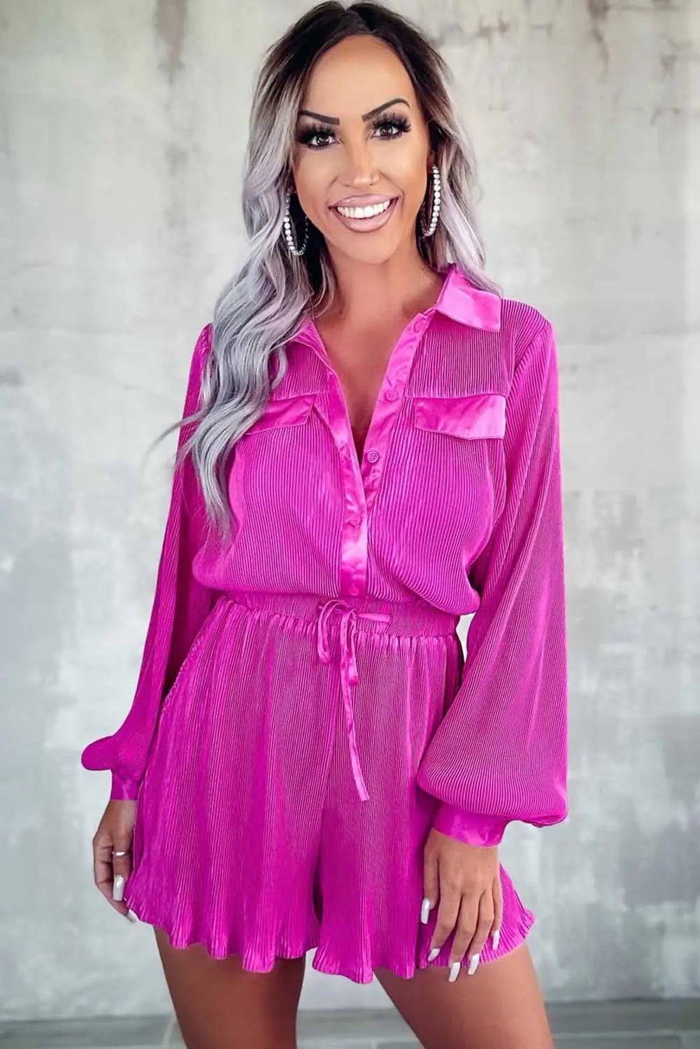 Rose pleated long sleeve buttoned drawstring romper - jumpsuits & rompers
