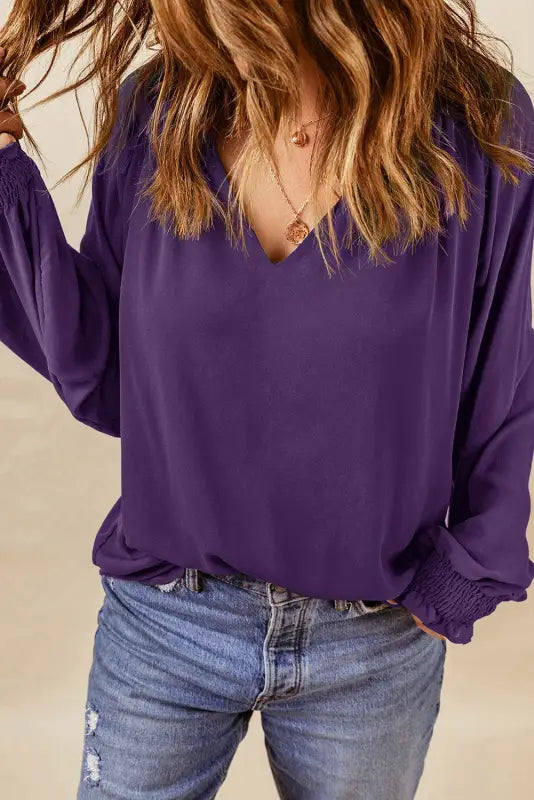 Rose pleated v neck puffy sleeve blouse - tops