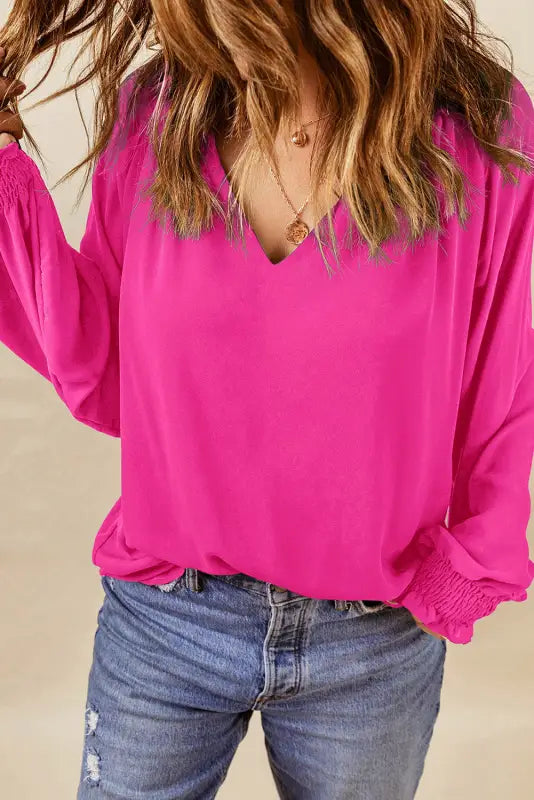 Rose pleated v neck puffy sleeve blouse - tops