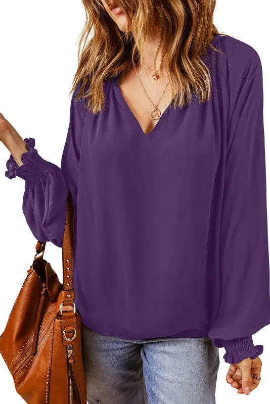 Rose pleated v neck puffy sleeve blouse - tops