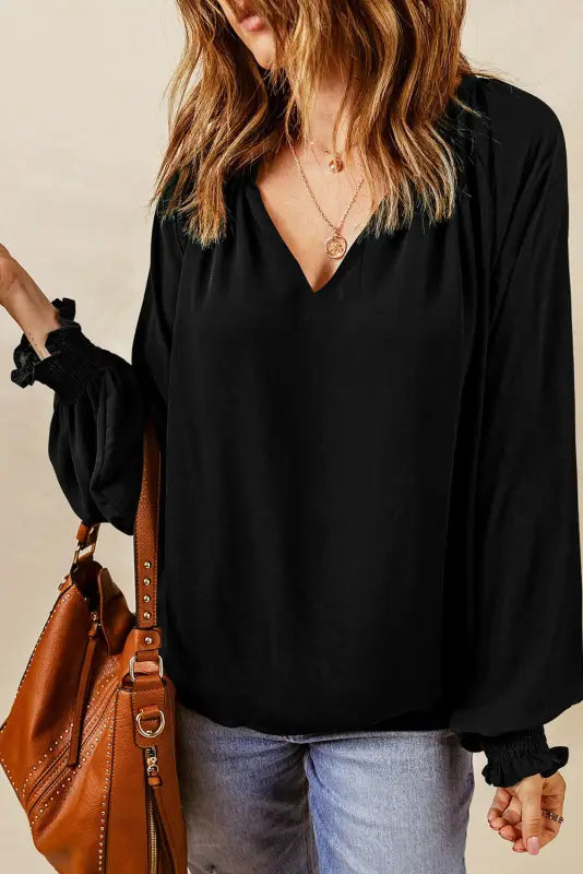 Rose pleated v neck puffy sleeve blouse - tops