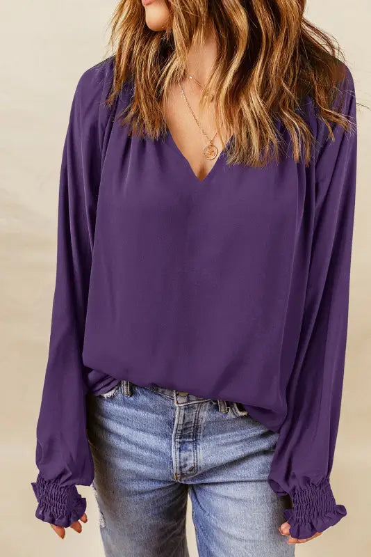 Rose pleated v neck puffy sleeve blouse - tops