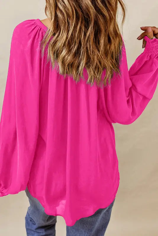 Rose pleated v neck puffy sleeve blouse - tops