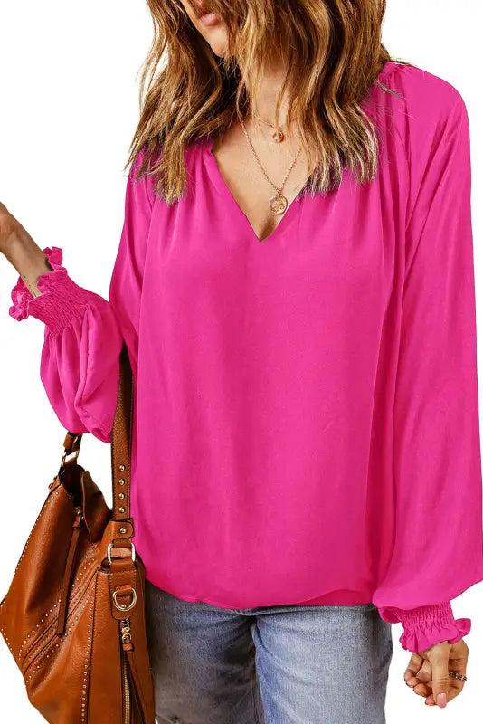 Rose pleated v neck puffy sleeve blouse - tops