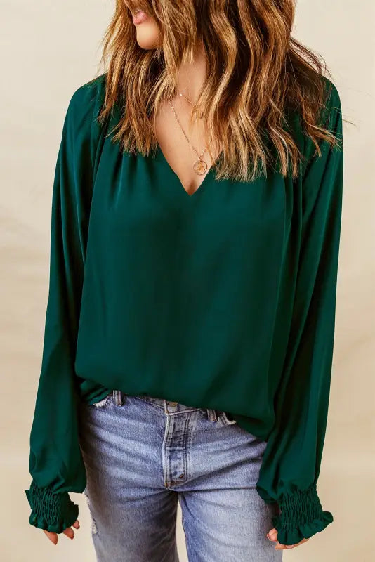 Rose pleated v neck puffy sleeve blouse - tops