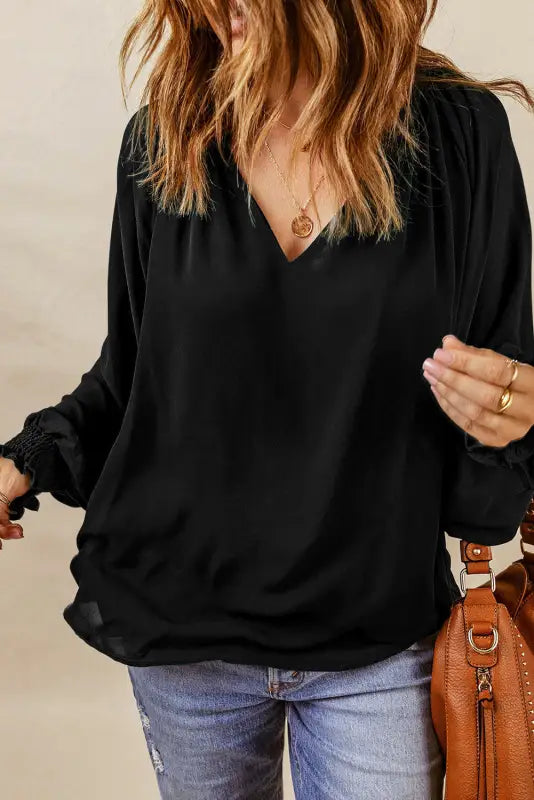 Rose pleated v neck puffy sleeve blouse - tops