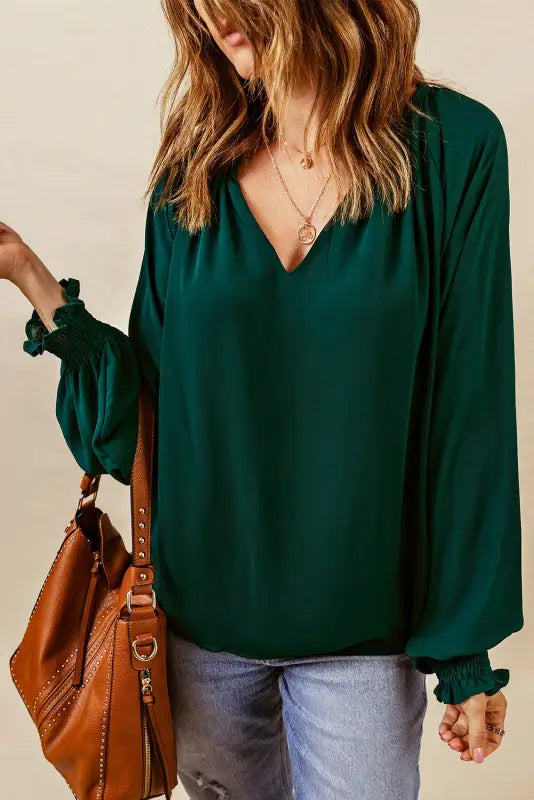 Rose pleated v neck puffy sleeve blouse - green / （us 0-2)xs / 100% polyester - tops