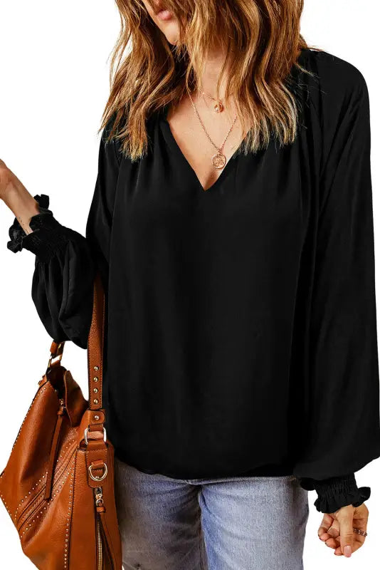 Rose pleated v neck puffy sleeve blouse - tops