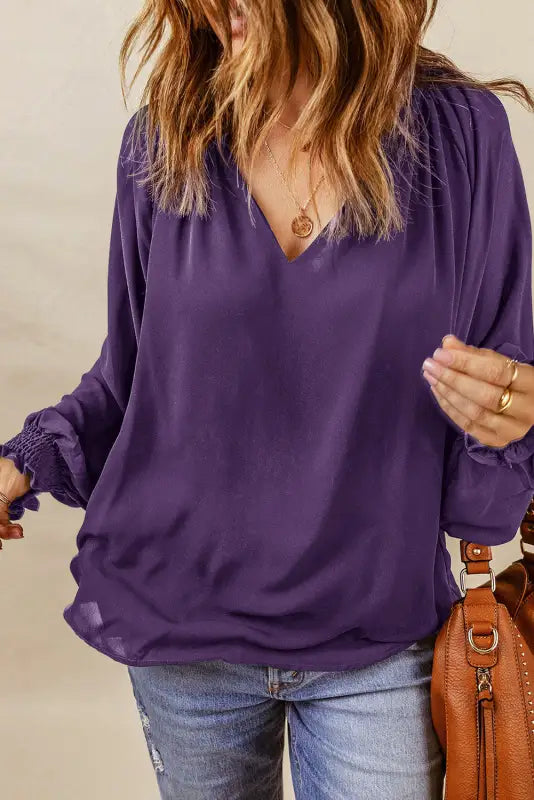 Rose pleated v neck puffy sleeve blouse - tops