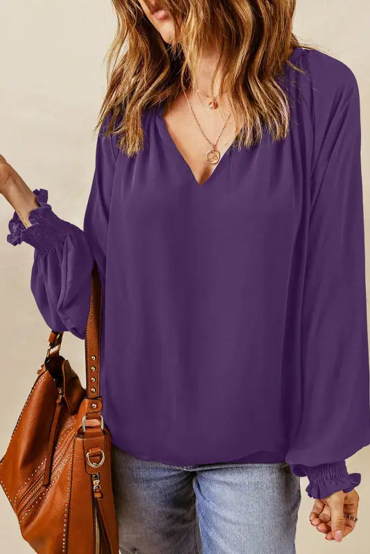 Rose pleated v neck puffy sleeve blouse - purple-2 / s / 100% polyester - tops