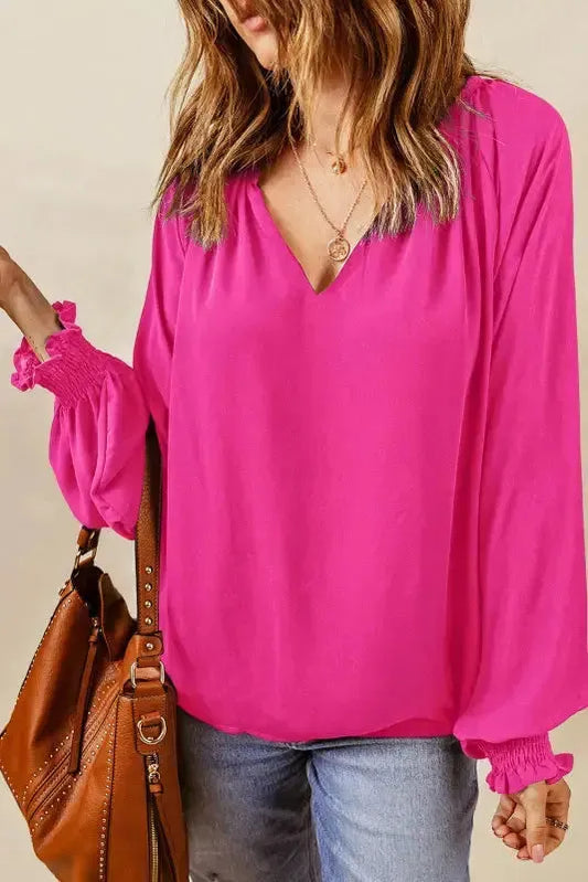 Rose Pleated V Neck Puffy Sleeve Blouse - Fashionfitz