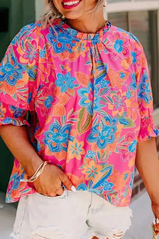 Rose Plus Floral Frilly Neck Blouse - Fashionfitz