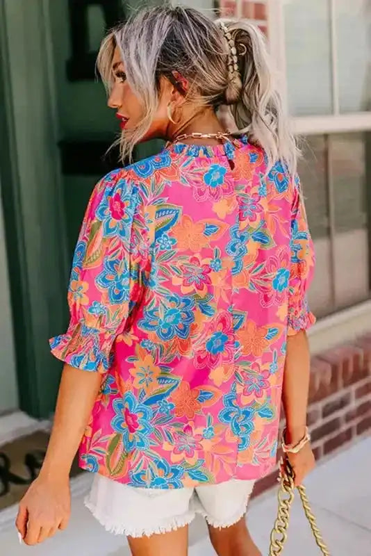 Rose Plus Floral Frilly Neck Blouse - Fashionfitz