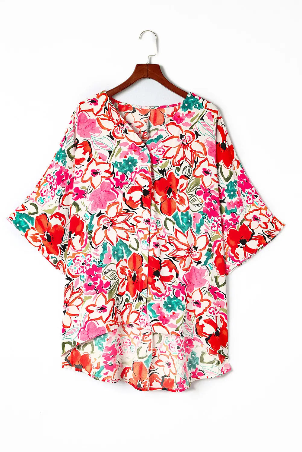 Rose plus size floral print kimono sleeve shirt