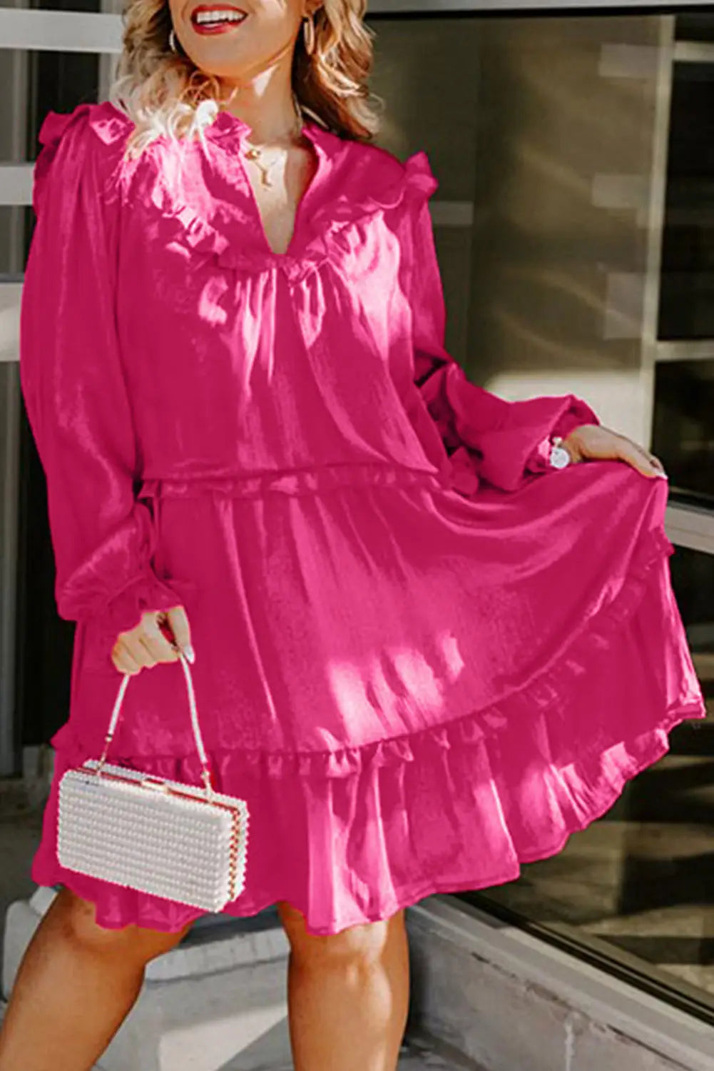 Rose plus size ruffled bubble sleeve dress - 1x / 90% lyocell + 10% polyester