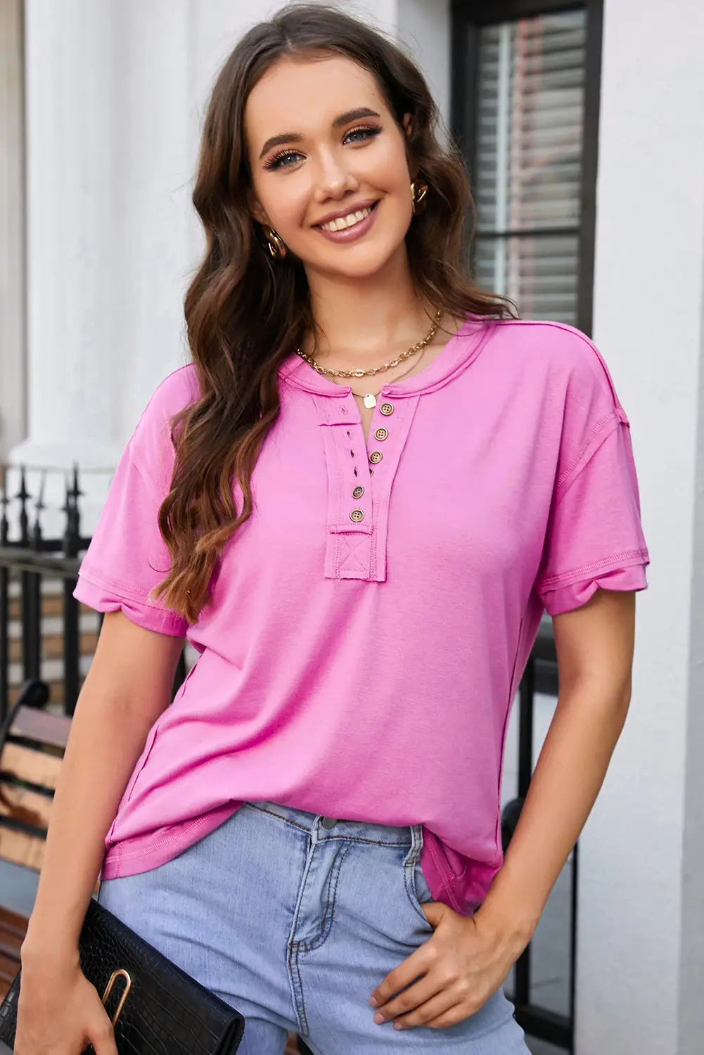 Rose raw edge button henley top - s / 65% polyester + 30% viscose + 5% elastane - t-shirts