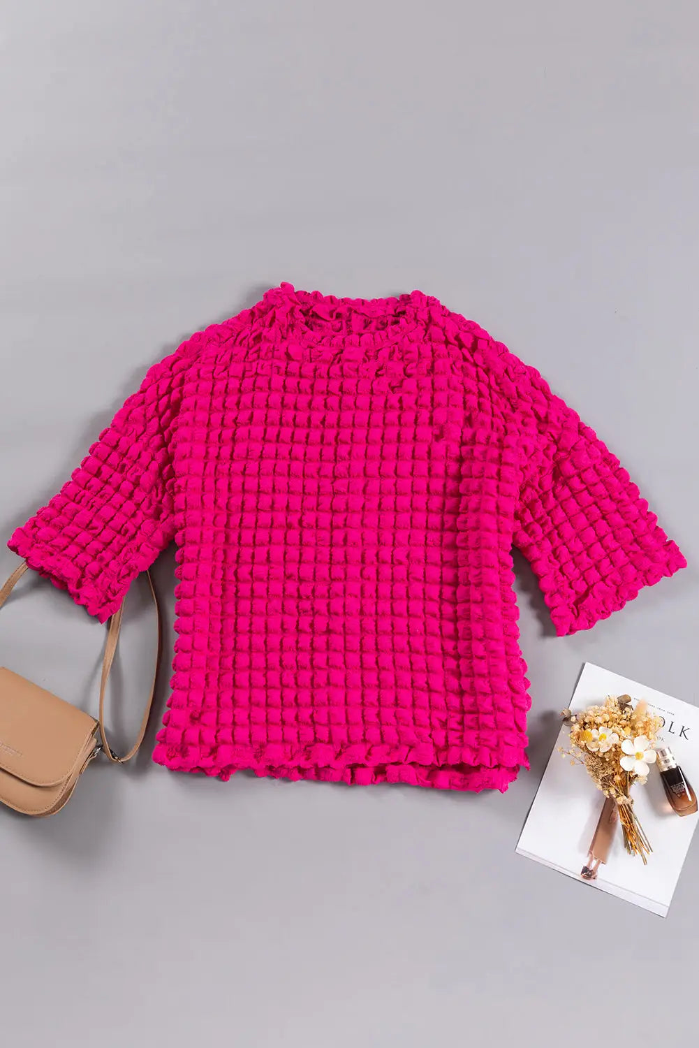 Rose red bubble textured knit top - blouses & shirts