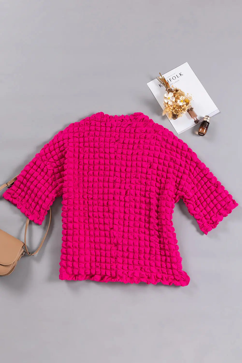 Rose red bubble textured knit top - blouses & shirts