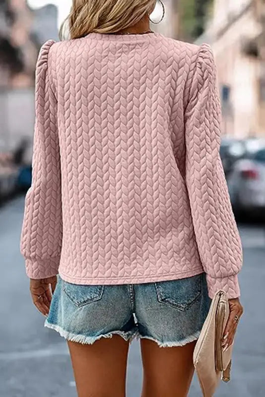 Rose red cable textured puff sleeve sweatshirt - tops