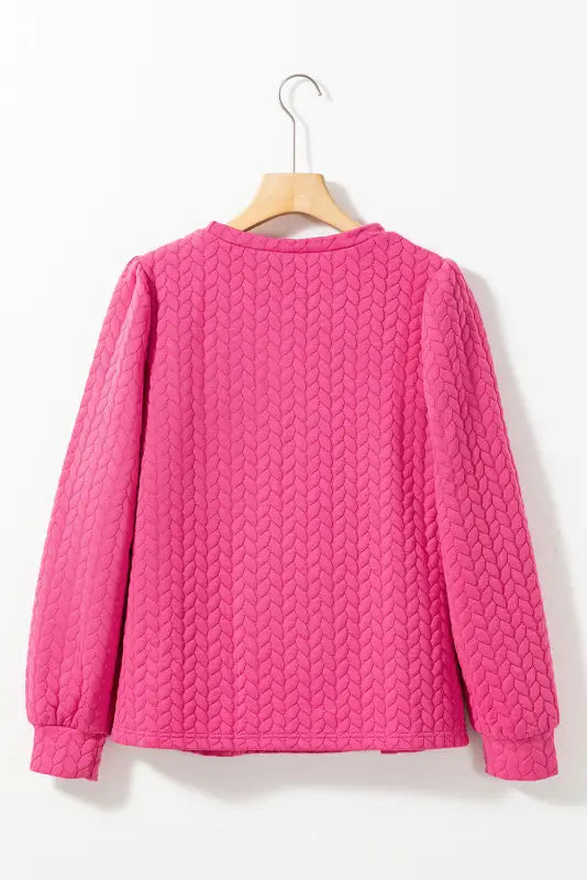 Rose red cable textured puff sleeve sweatshirt - tops